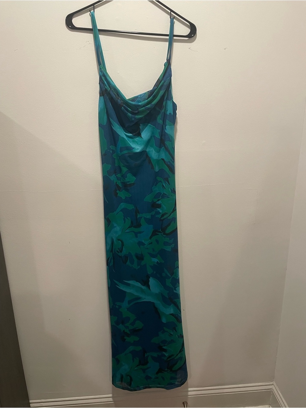 Cowl-Neck Maxi Slip Dress in Teal & Emerald